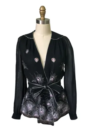 1970s Janice Wainwright Embroidered Peacock Feather Chiffon Wrap Top