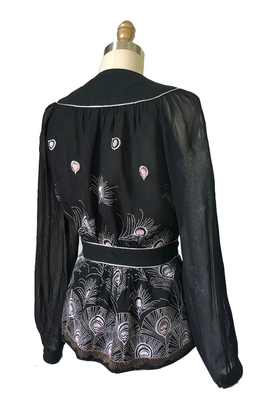 1970s Janice Wainwright Embroidered Peacock Feather Chiffon Wrap Top