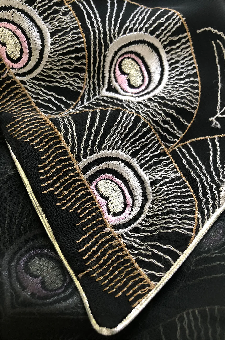 1970s Janice Wainwright Embroidered Peacock Feather Chiffon Wrap Top