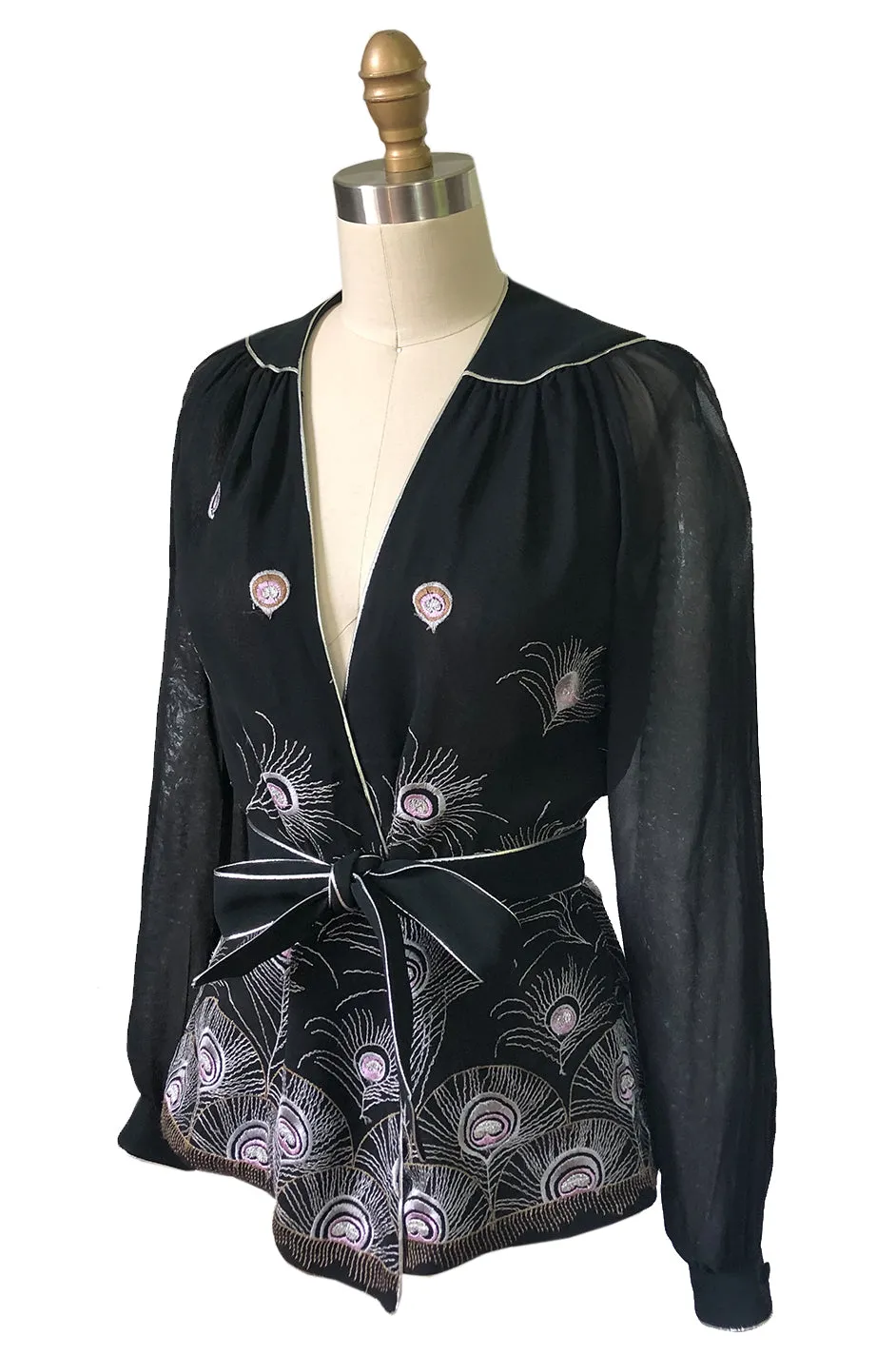 1970s Janice Wainwright Embroidered Peacock Feather Chiffon Wrap Top