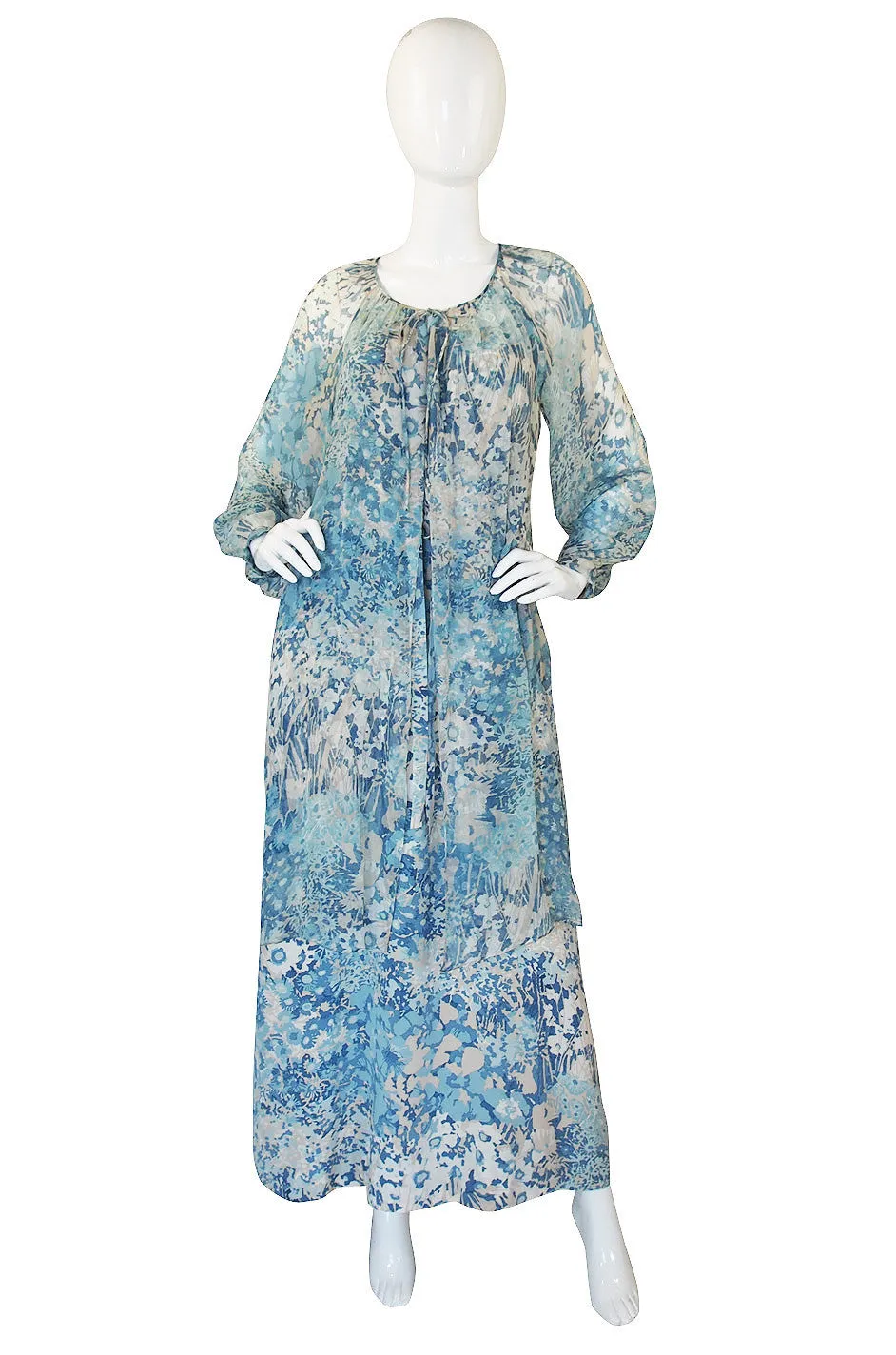 1970s Oscar De La Renta Blue Silk Print Dress