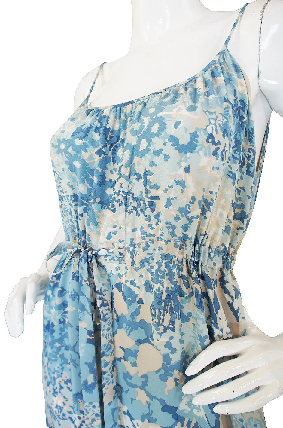 1970s Oscar De La Renta Blue Silk Print Dress