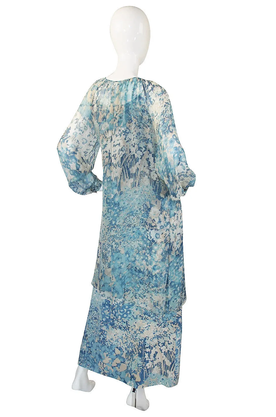 1970s Oscar De La Renta Blue Silk Print Dress