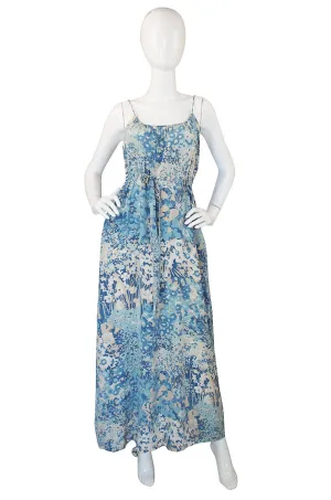 1970s Oscar De La Renta Blue Silk Print Dress