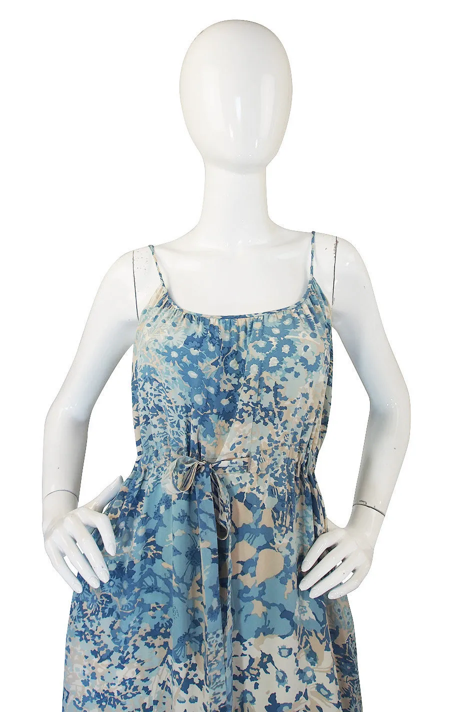 1970s Oscar De La Renta Blue Silk Print Dress