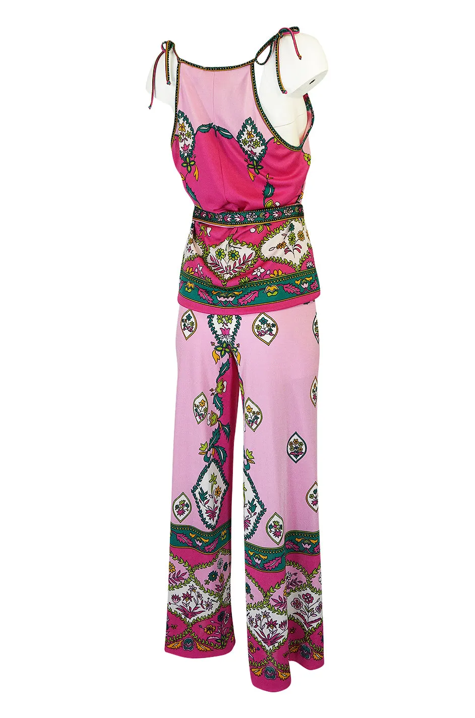 1970s Paganne Three Piece Printed Pink Jersey Tank Top & Pant Set