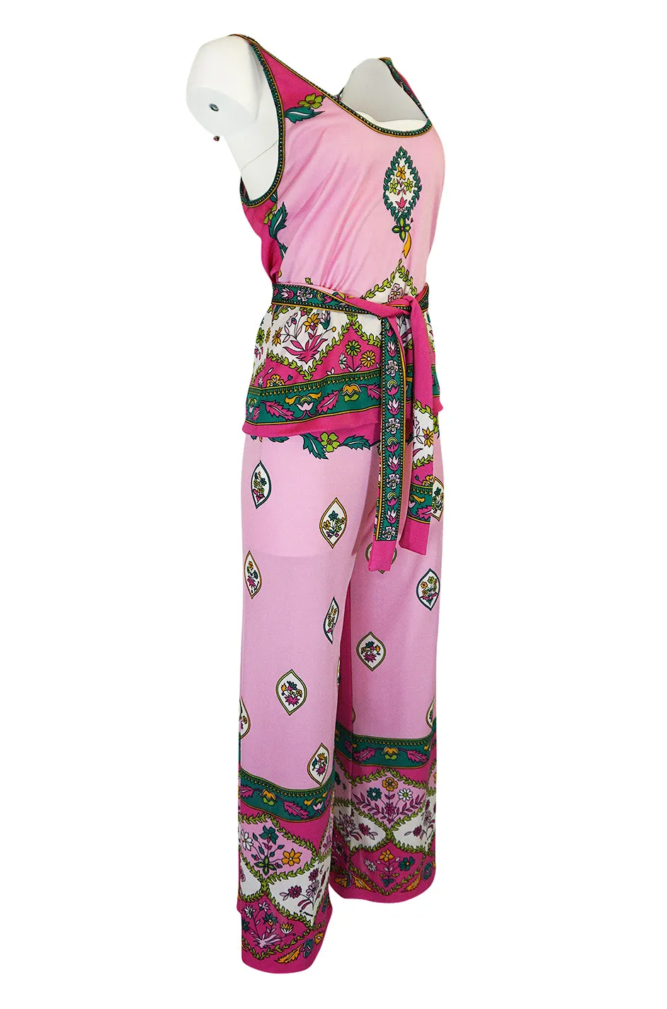 1970s Paganne Three Piece Printed Pink Jersey Tank Top & Pant Set