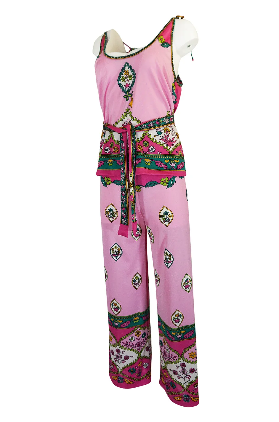 1970s Paganne Three Piece Printed Pink Jersey Tank Top & Pant Set