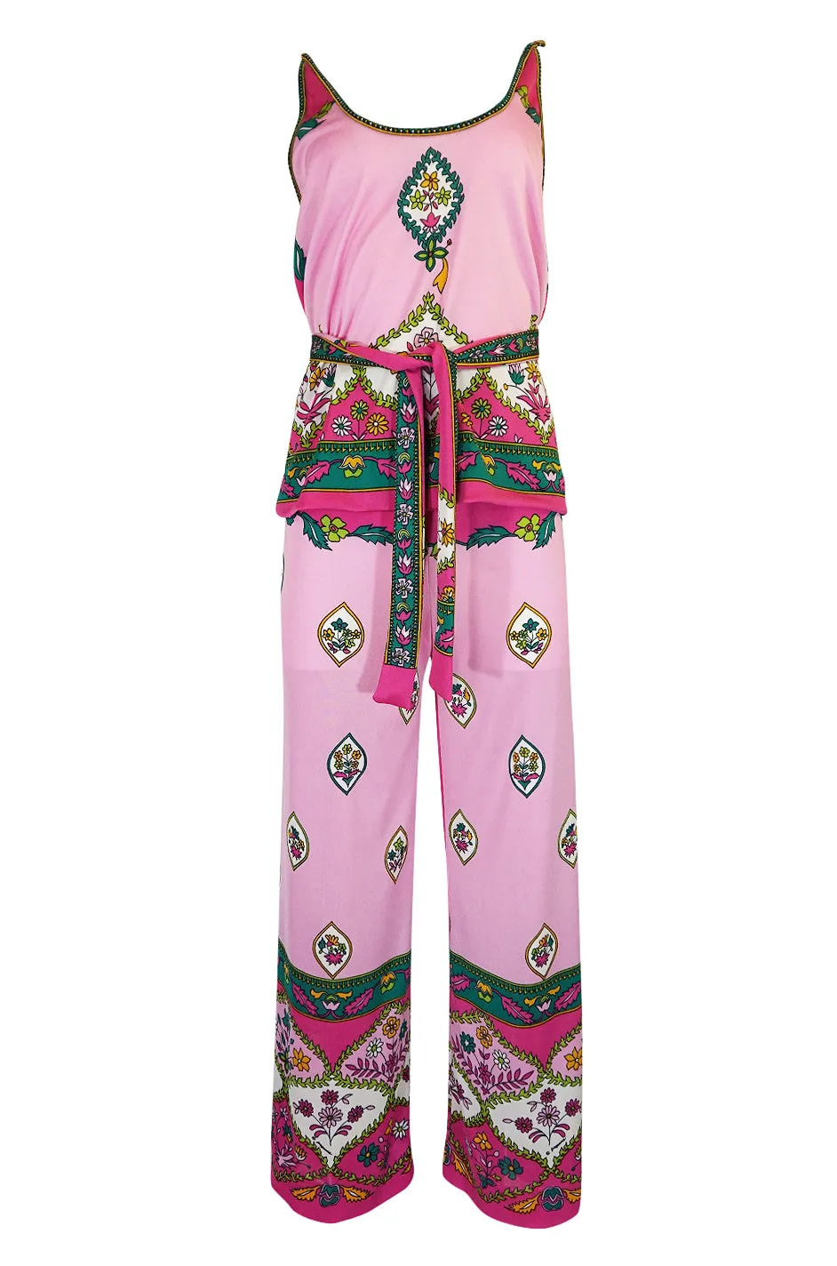 1970s Paganne Three Piece Printed Pink Jersey Tank Top & Pant Set