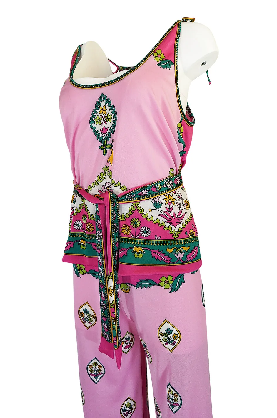 1970s Paganne Three Piece Printed Pink Jersey Tank Top & Pant Set
