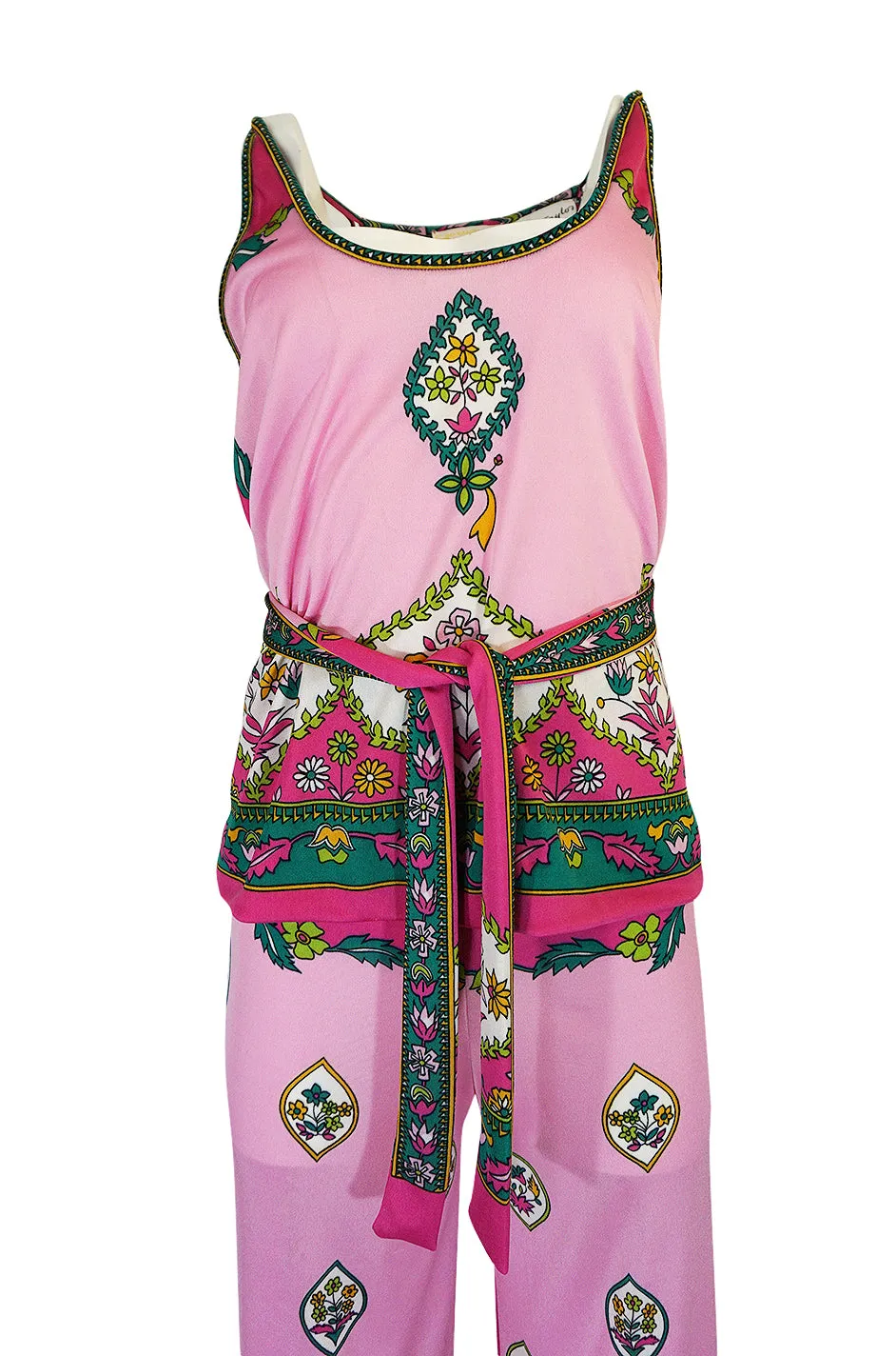 1970s Paganne Three Piece Printed Pink Jersey Tank Top & Pant Set
