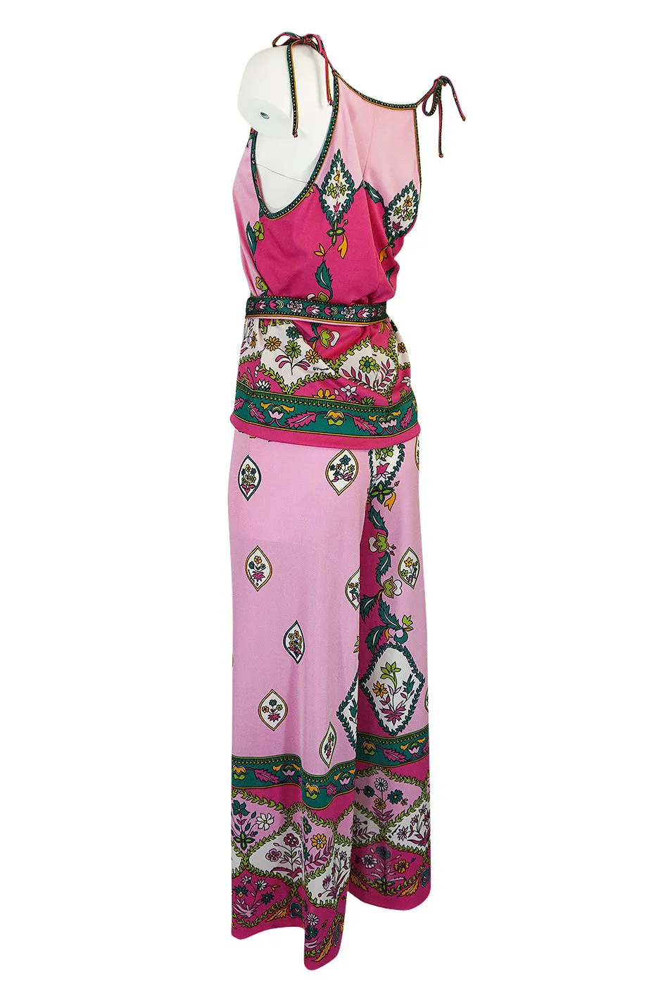 1970s Paganne Three Piece Printed Pink Jersey Tank Top & Pant Set