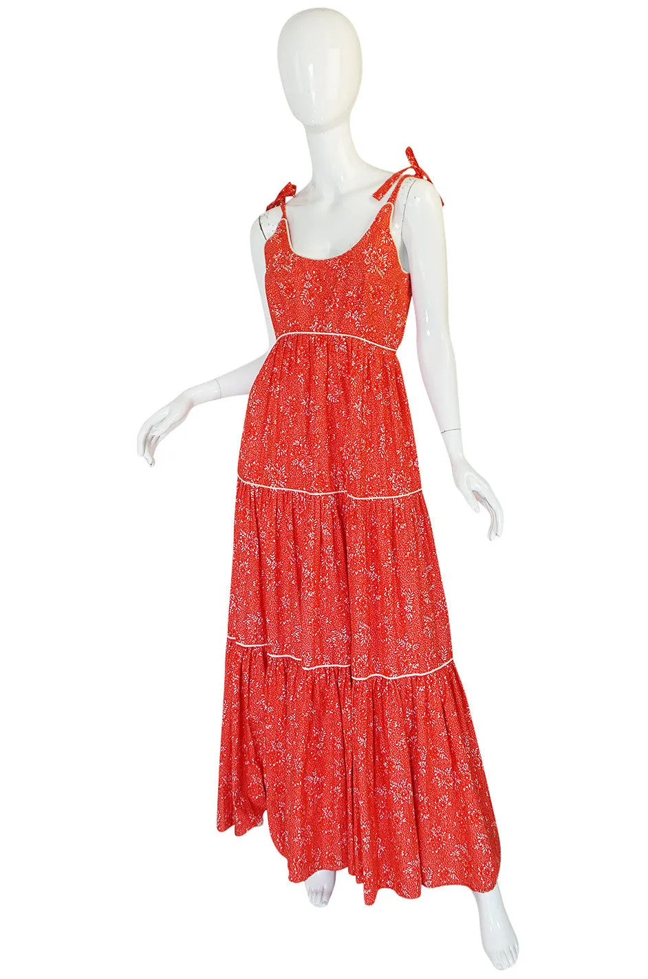 1970s Red Print & Tiered Victor Costa Cotton Dress