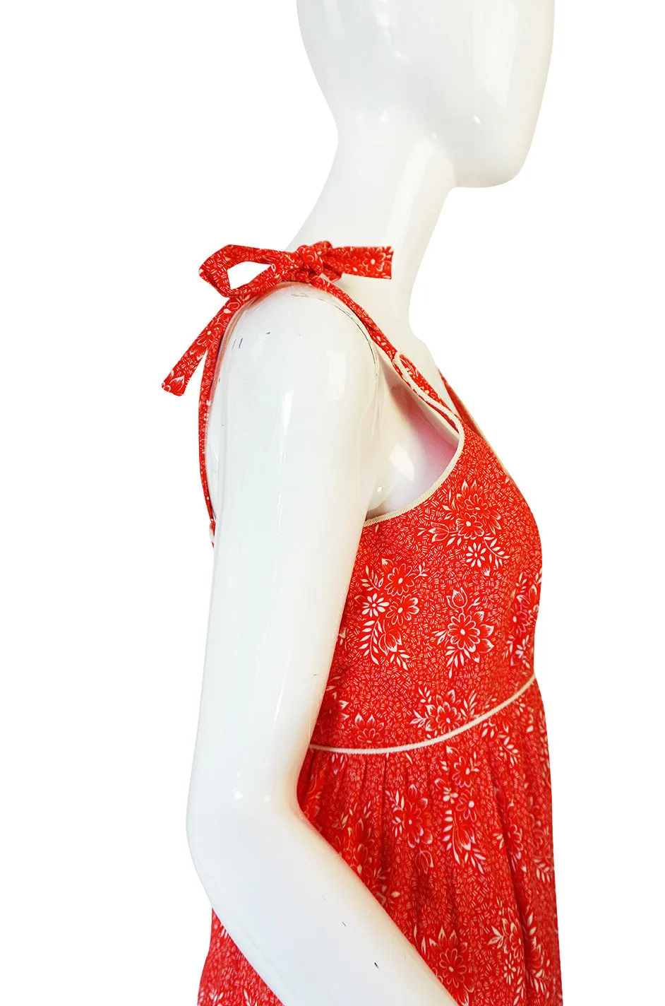 1970s Red Print & Tiered Victor Costa Cotton Dress