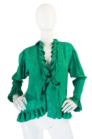 1970s Yves Saint Laurent Green Silk Ruffled Poet Top