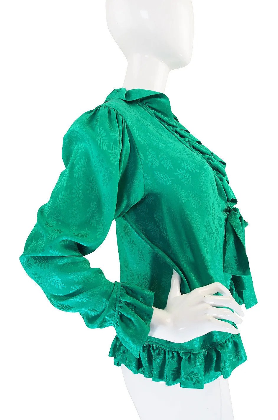 1970s Yves Saint Laurent Green Silk Ruffled Poet Top