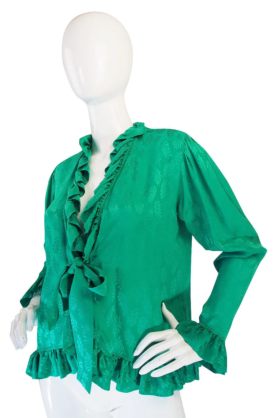 1970s Yves Saint Laurent Green Silk Ruffled Poet Top