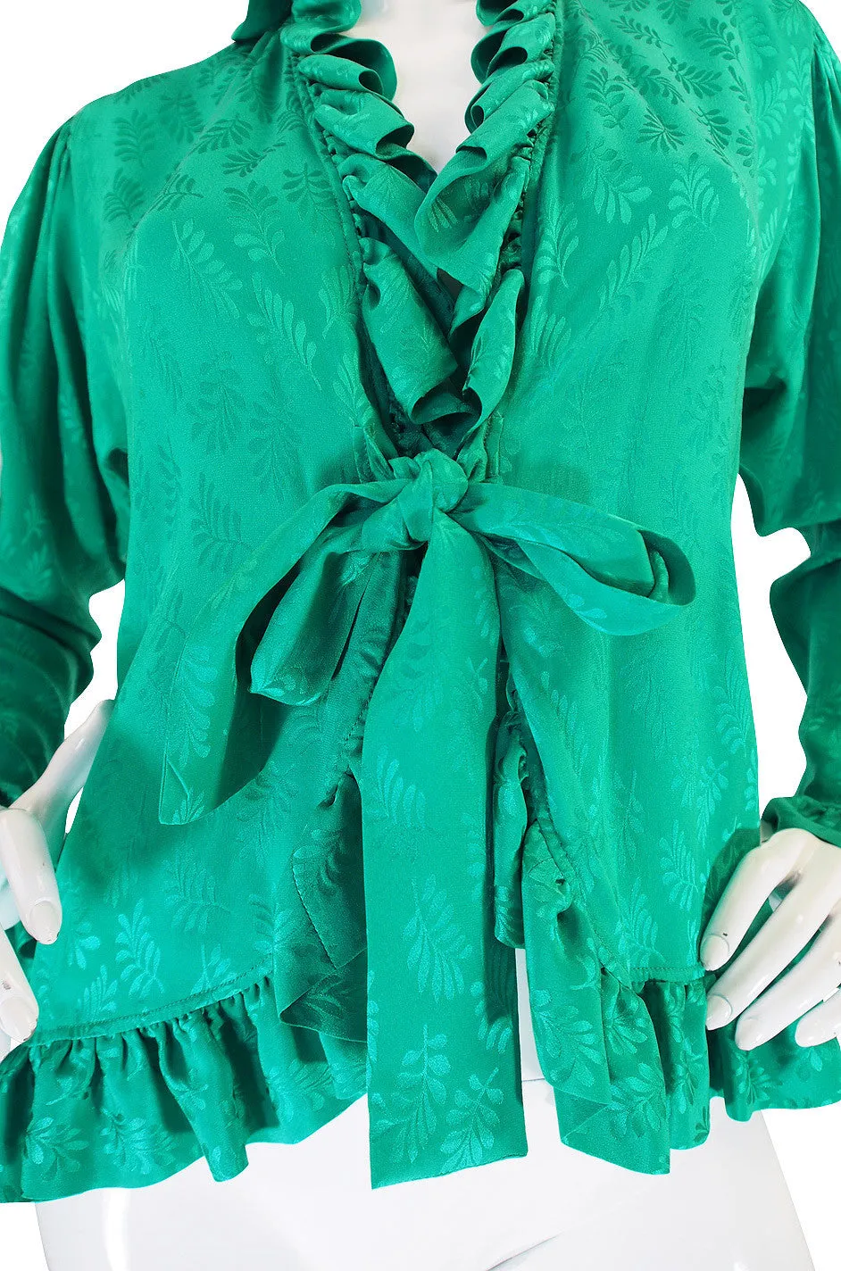 1970s Yves Saint Laurent Green Silk Ruffled Poet Top