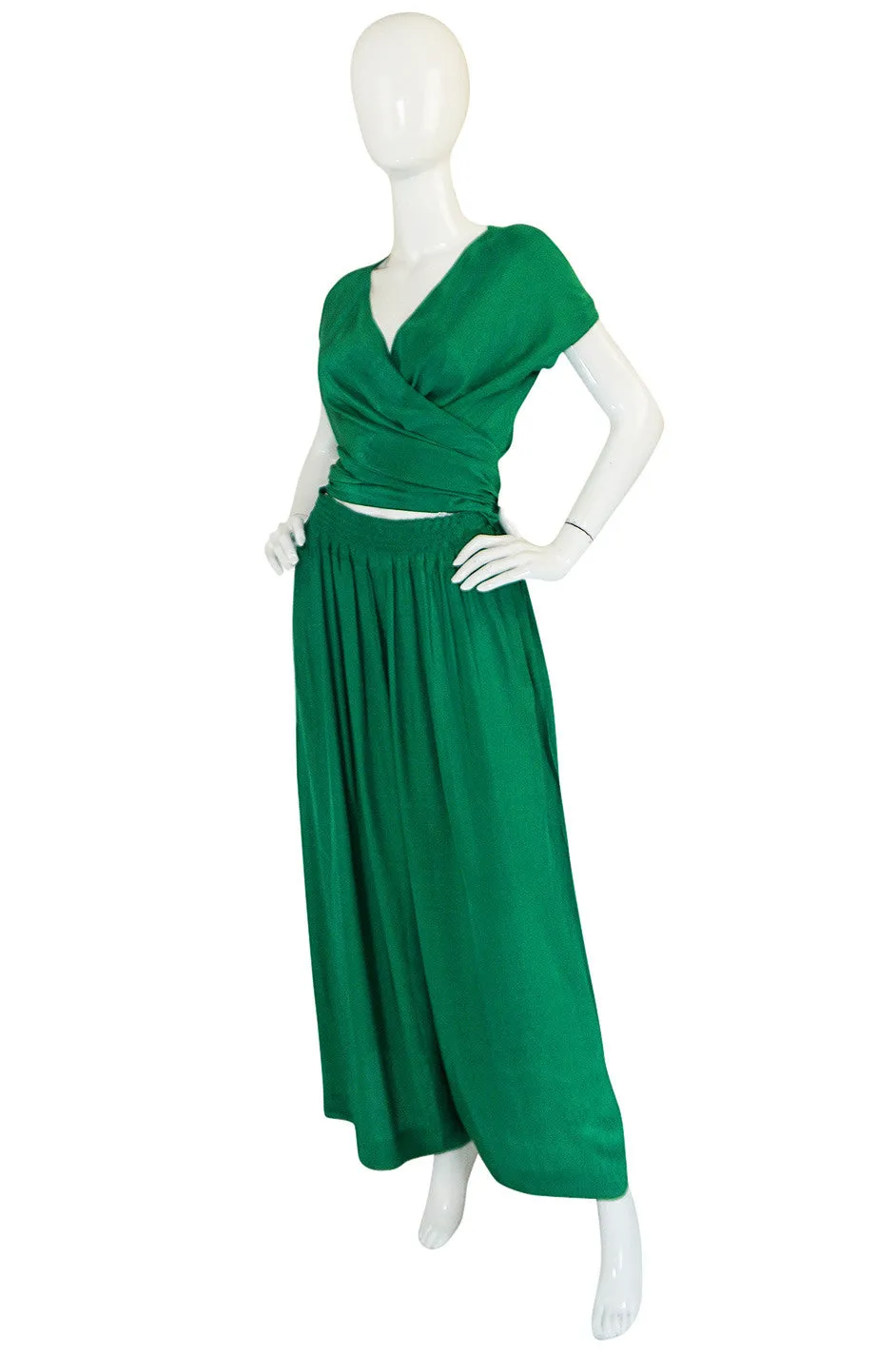 1980s Emerald Green Jean Muir Flowing Wrap Top & Pants
