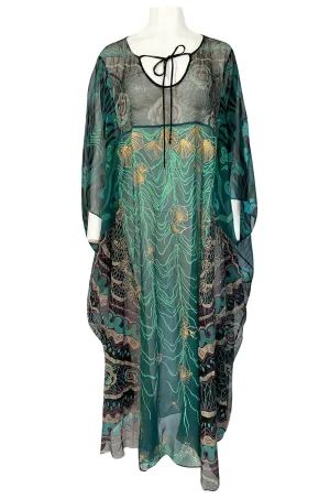 1980s Zandra Rhodes Hand Painted Shell & Floral Green Silk Caftan Dress