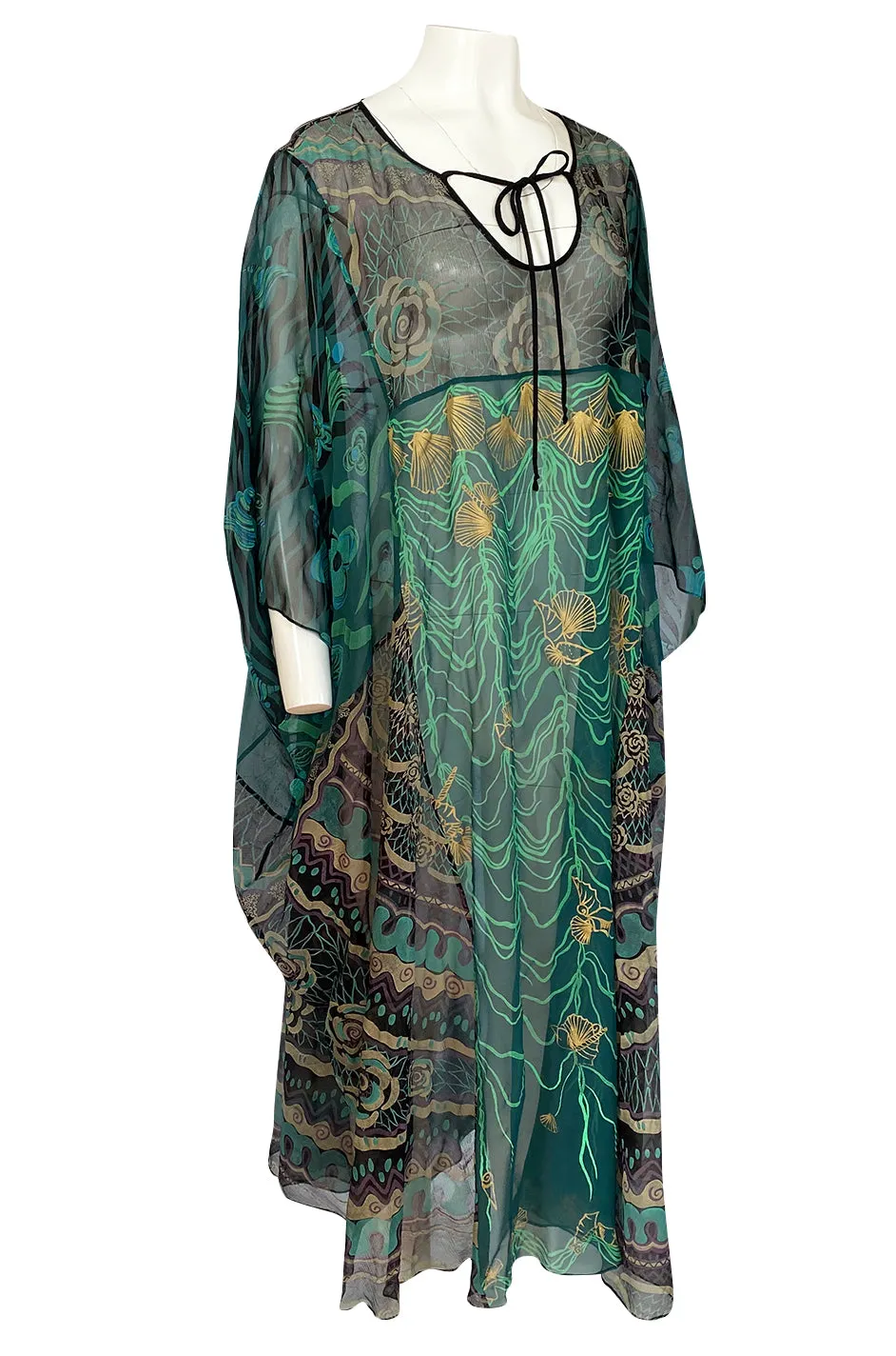 1980s Zandra Rhodes Hand Painted Shell & Floral Green Silk Caftan Dress
