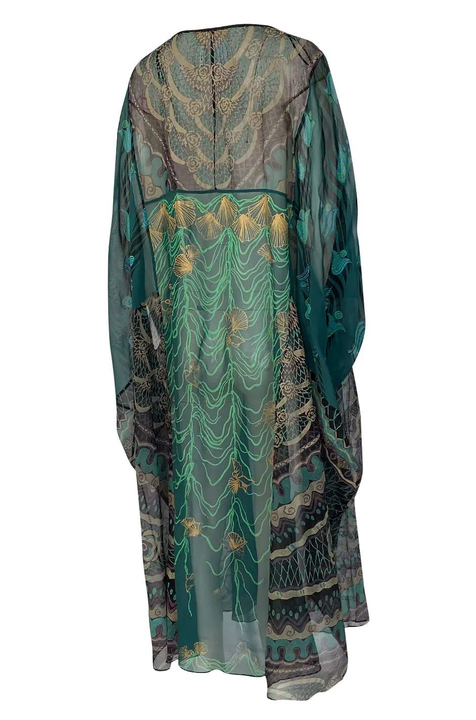 1980s Zandra Rhodes Hand Painted Shell & Floral Green Silk Caftan Dress