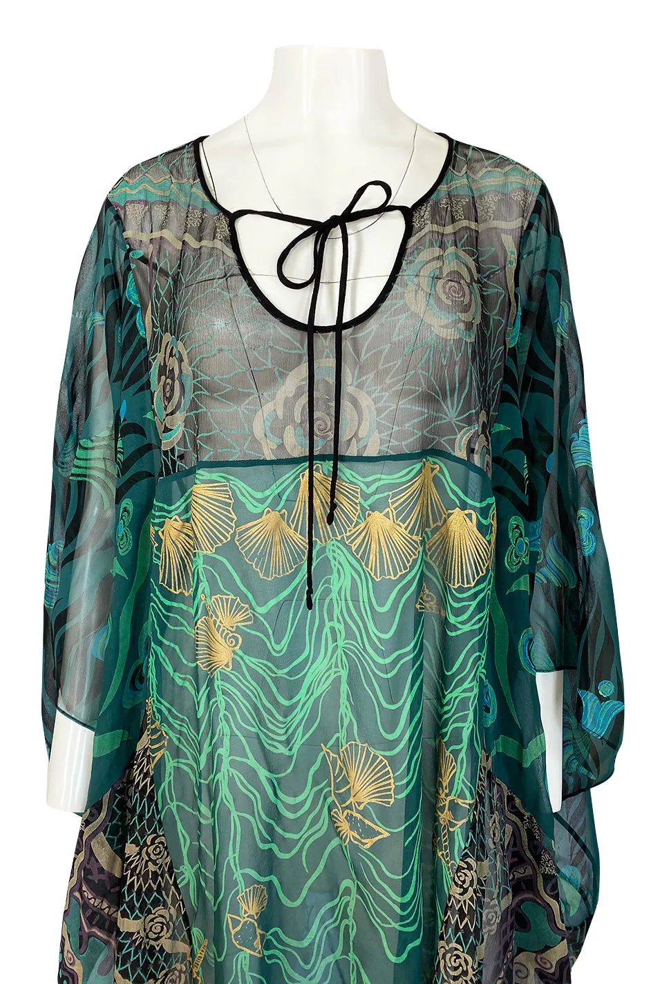 1980s Zandra Rhodes Hand Painted Shell & Floral Green Silk Caftan Dress