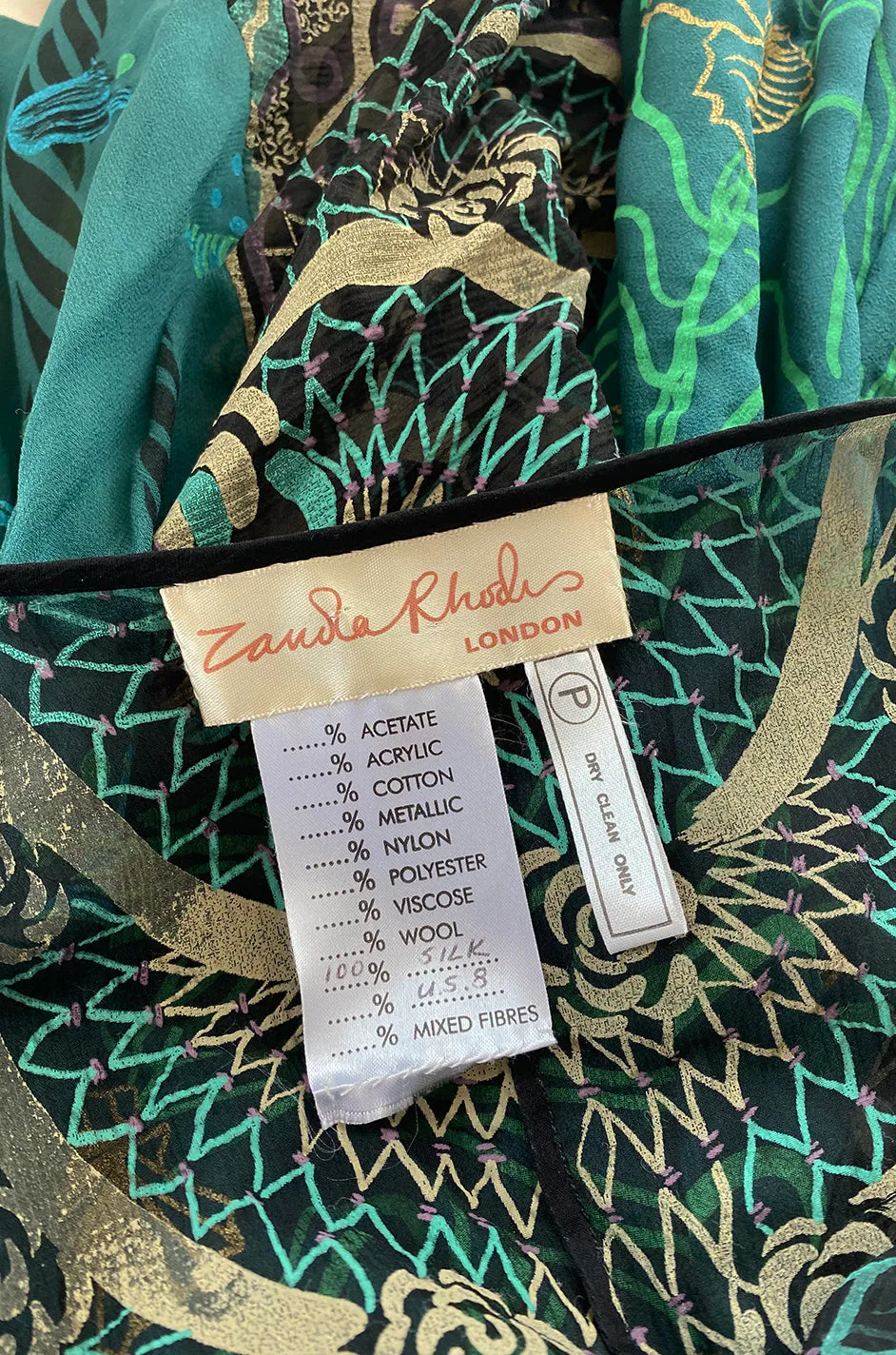 1980s Zandra Rhodes Hand Painted Shell & Floral Green Silk Caftan Dress