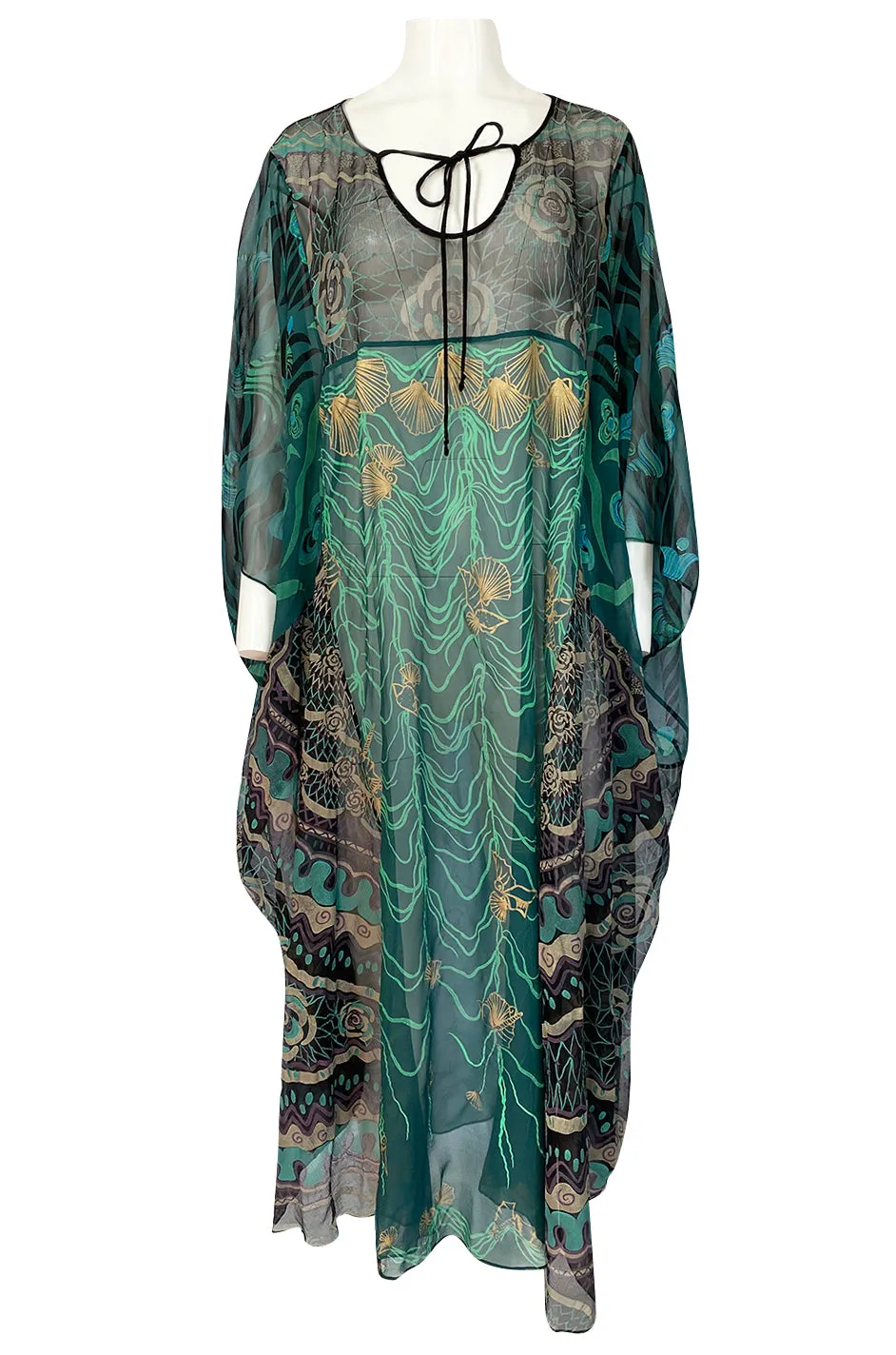 1980s Zandra Rhodes Hand Painted Shell & Floral Green Silk Caftan Dress