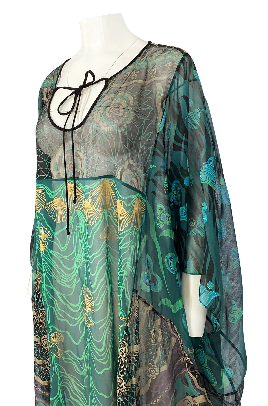 1980s Zandra Rhodes Hand Painted Shell & Floral Green Silk Caftan Dress