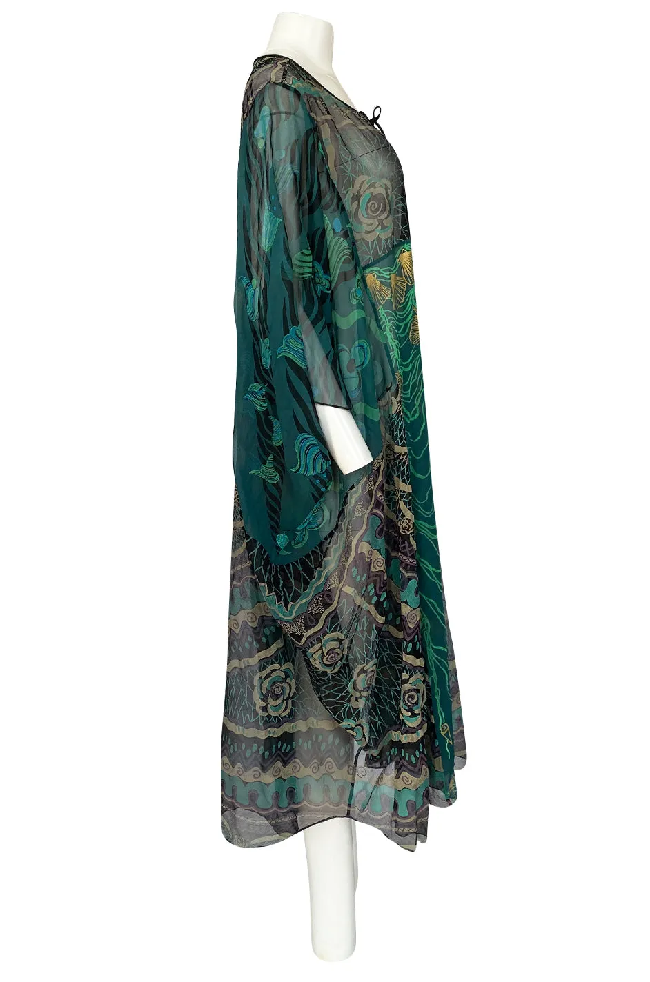 1980s Zandra Rhodes Hand Painted Shell & Floral Green Silk Caftan Dress