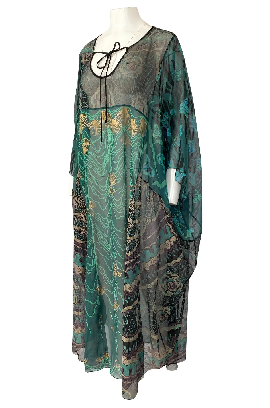 1980s Zandra Rhodes Hand Painted Shell & Floral Green Silk Caftan Dress