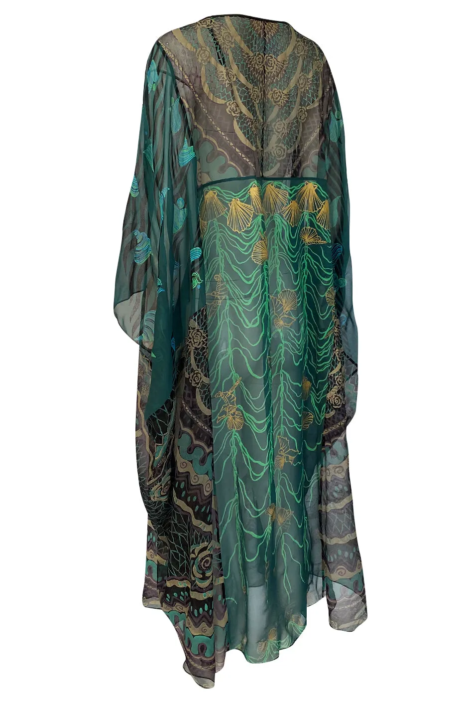 1980s Zandra Rhodes Hand Painted Shell & Floral Green Silk Caftan Dress