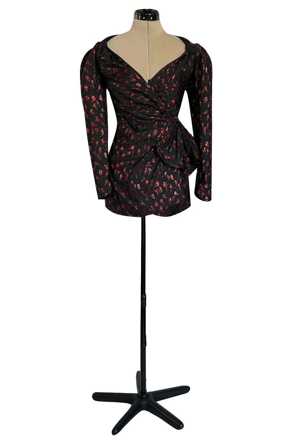 2019 Attico Micro Mini Red Metallic Rose Print Wrap Dress w Pouf Sleeves