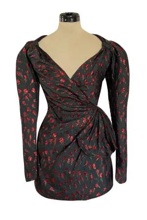 2019 Attico Micro Mini Red Metallic Rose Print Wrap Dress w Pouf Sleeves
