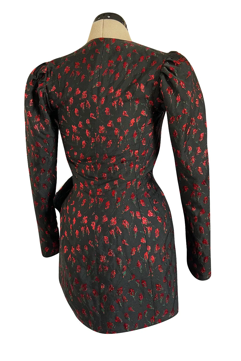 2019 Attico Micro Mini Red Metallic Rose Print Wrap Dress w Pouf Sleeves