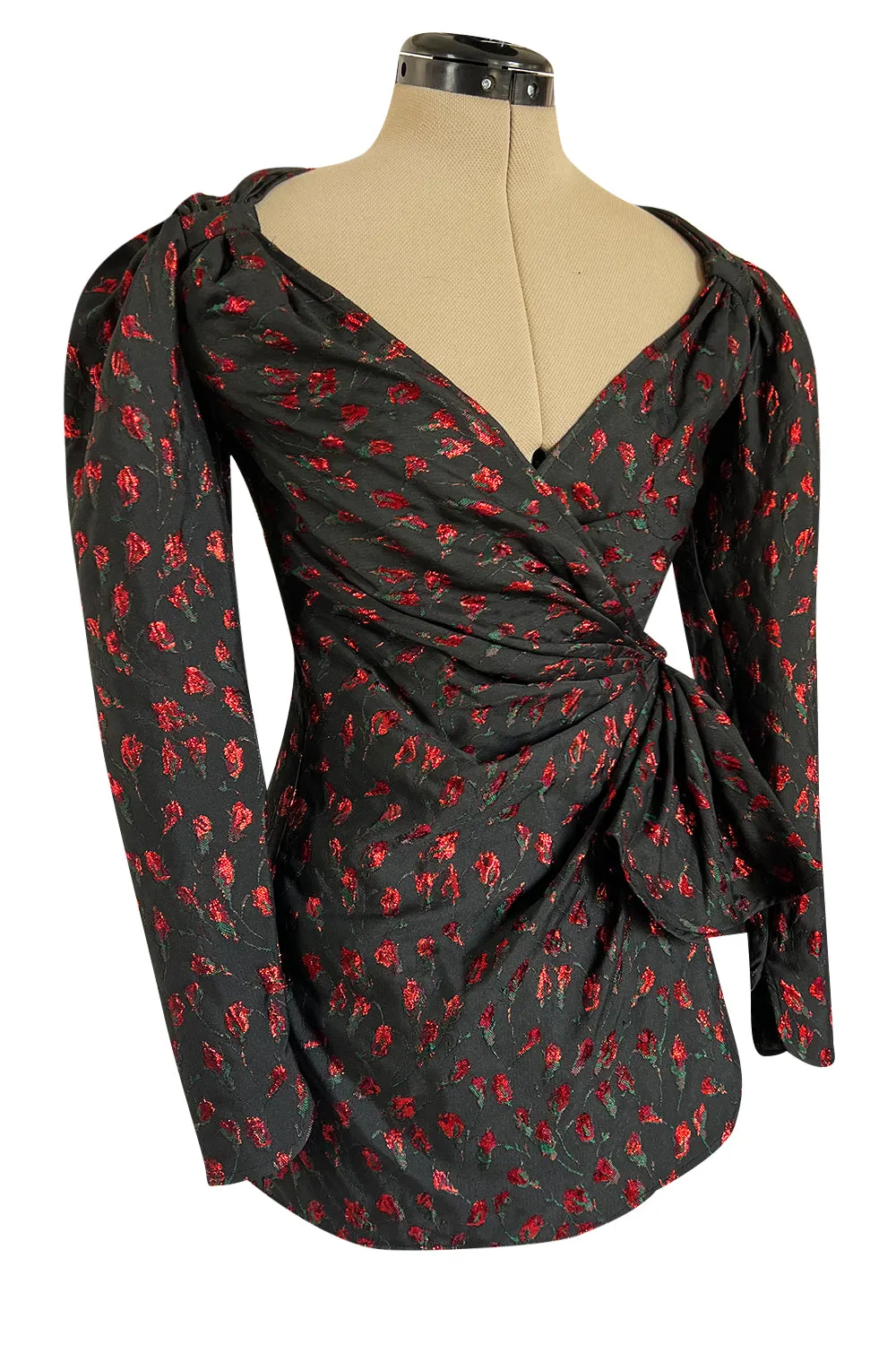 2019 Attico Micro Mini Red Metallic Rose Print Wrap Dress w Pouf Sleeves