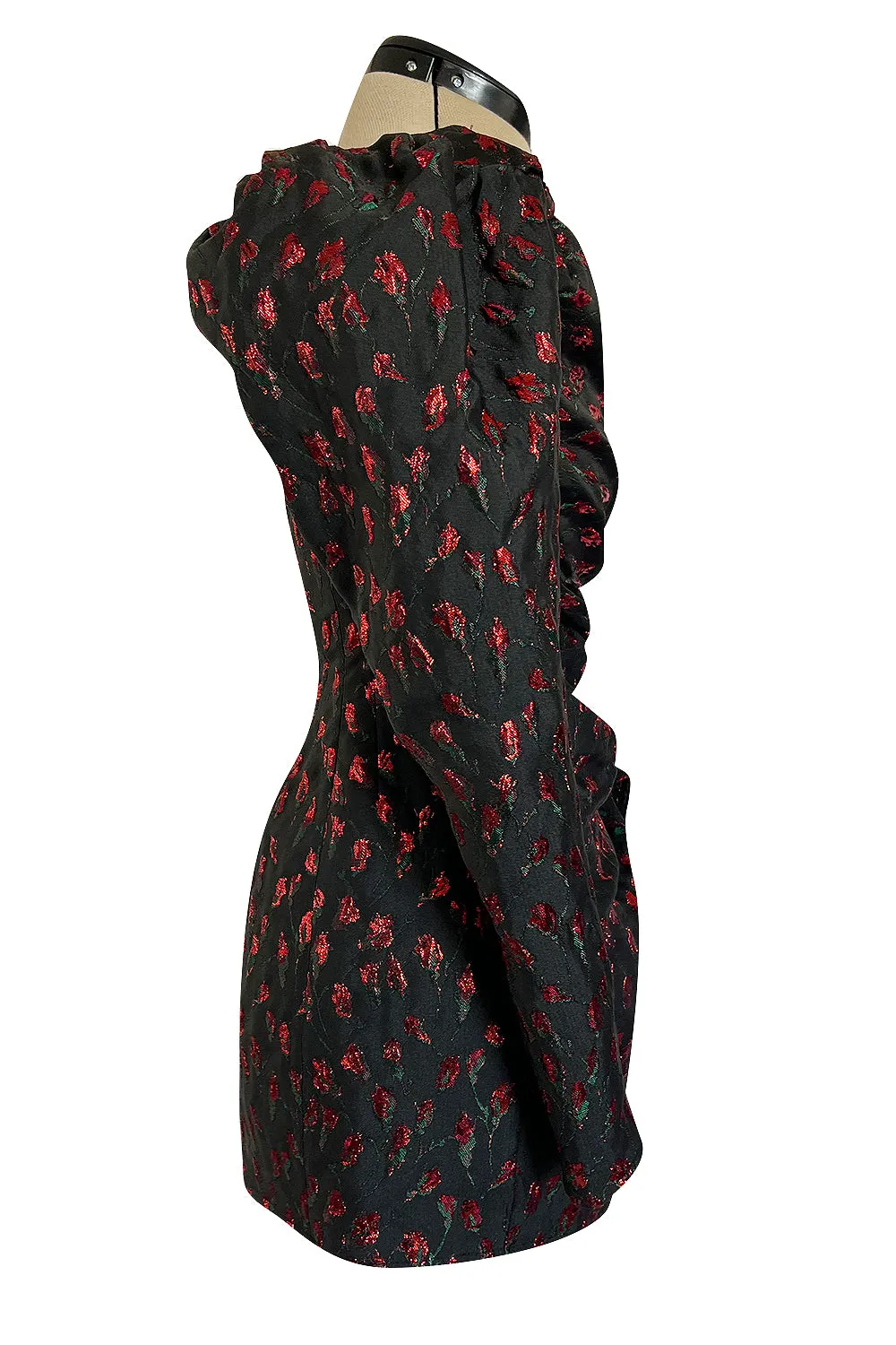 2019 Attico Micro Mini Red Metallic Rose Print Wrap Dress w Pouf Sleeves