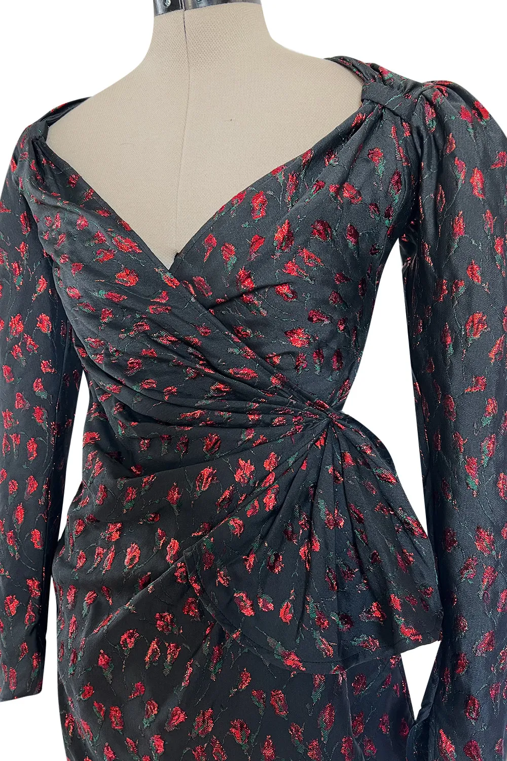 2019 Attico Micro Mini Red Metallic Rose Print Wrap Dress w Pouf Sleeves