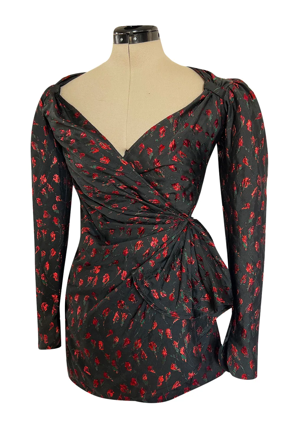2019 Attico Micro Mini Red Metallic Rose Print Wrap Dress w Pouf Sleeves