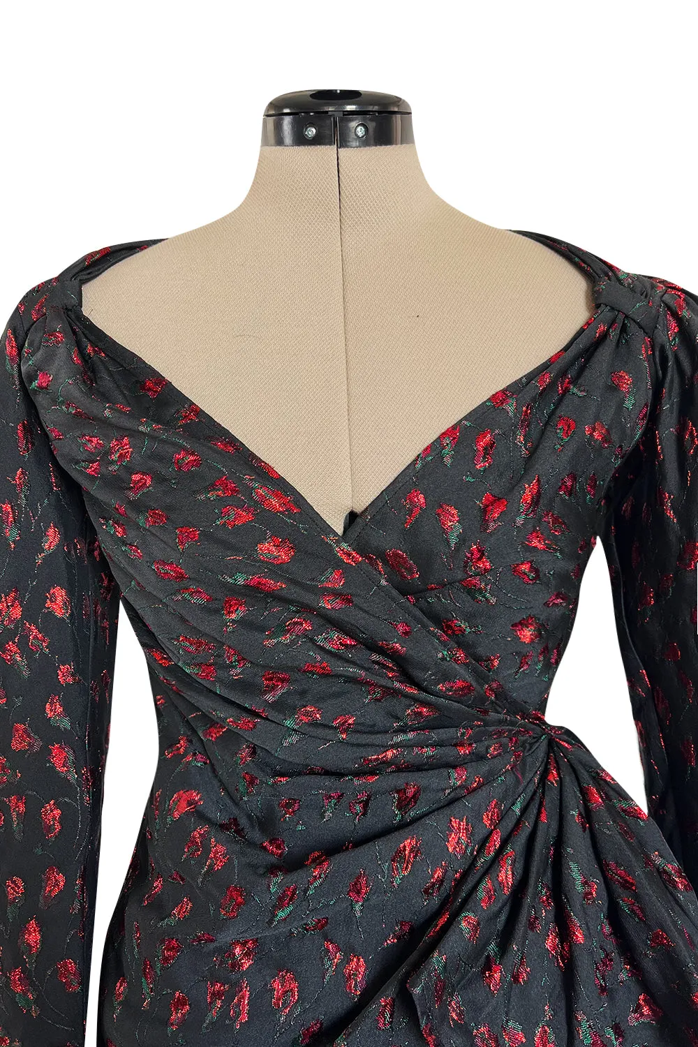 2019 Attico Micro Mini Red Metallic Rose Print Wrap Dress w Pouf Sleeves