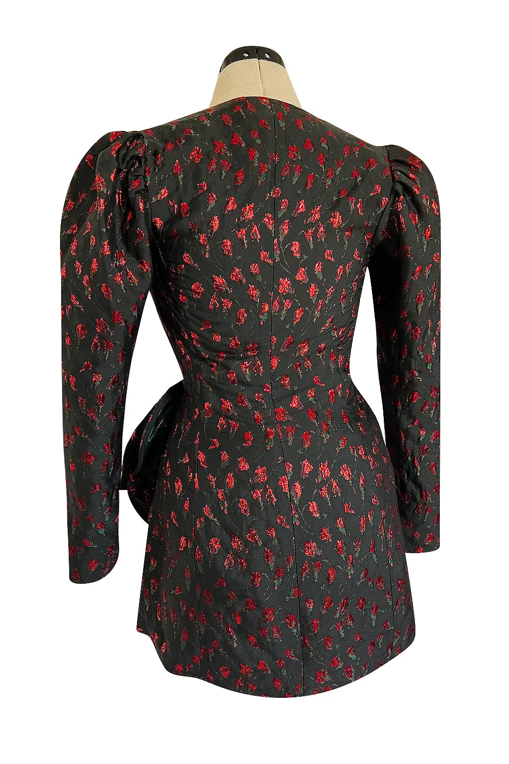 2019 Attico Micro Mini Red Metallic Rose Print Wrap Dress w Pouf Sleeves