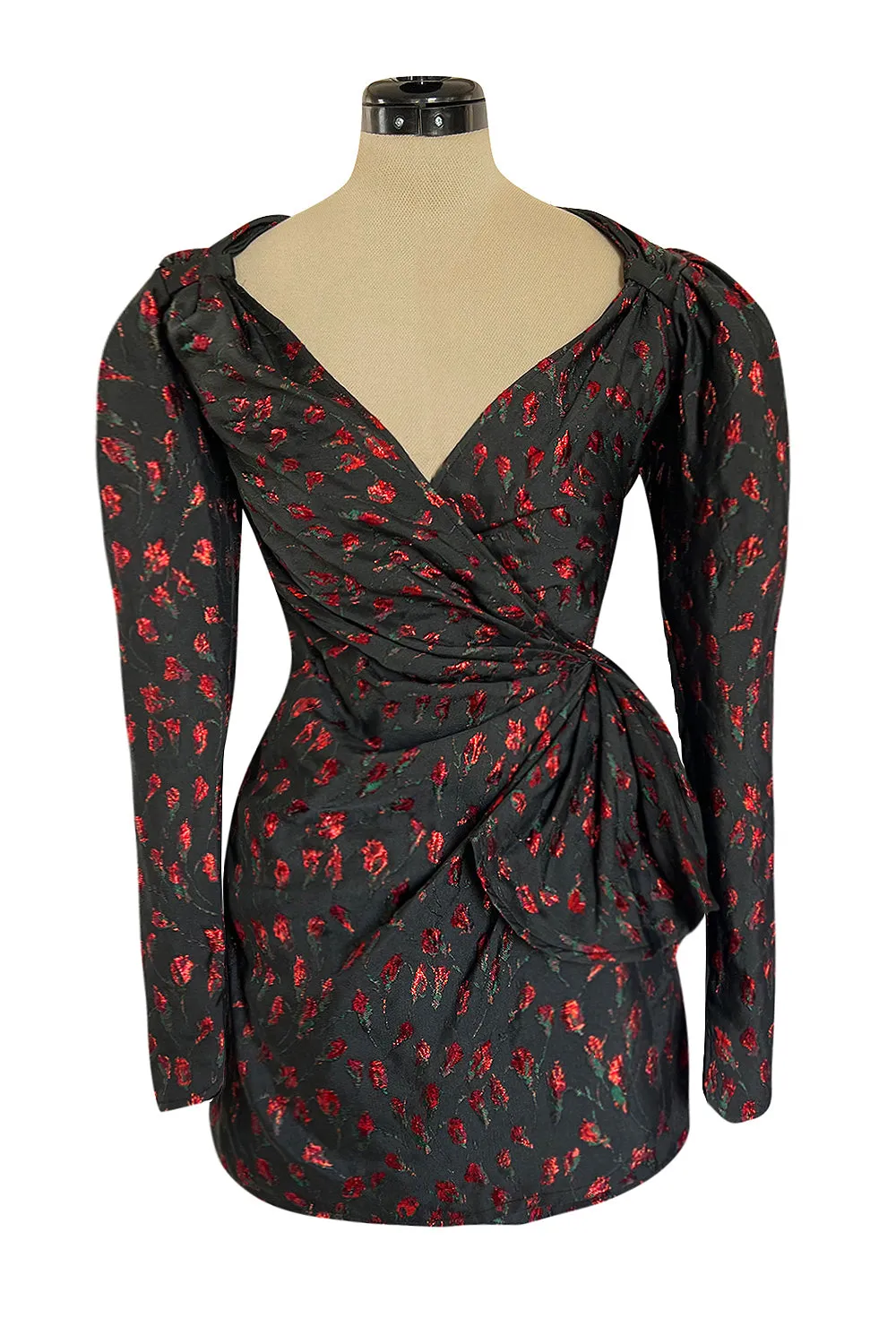 2019 Attico Micro Mini Red Metallic Rose Print Wrap Dress w Pouf Sleeves