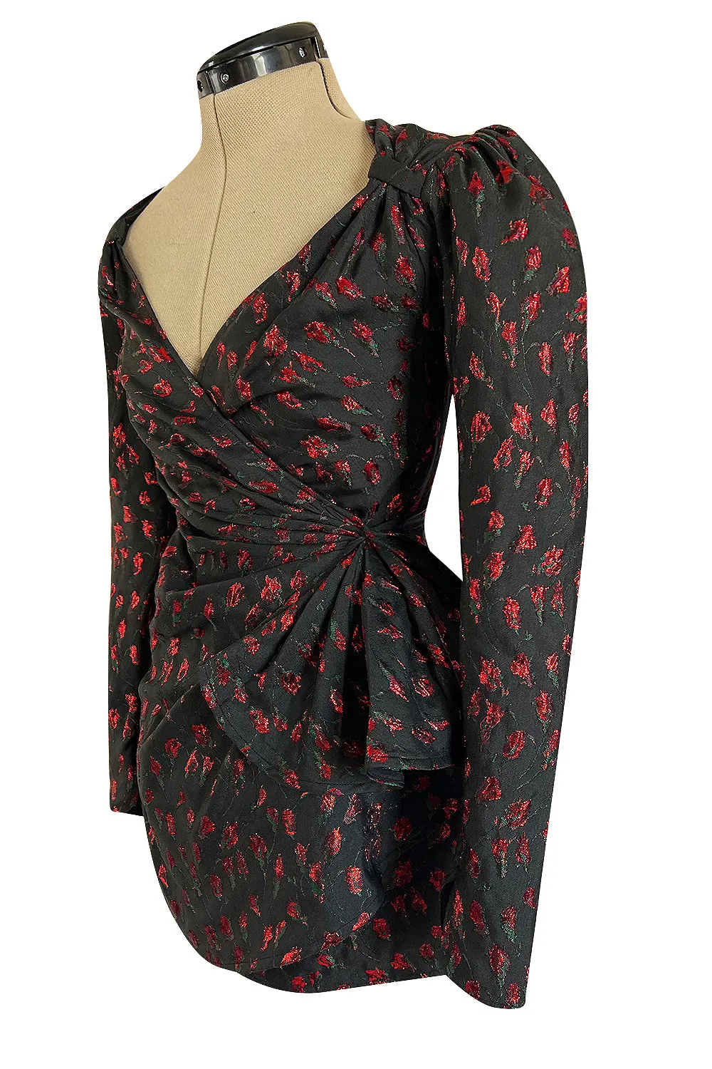 2019 Attico Micro Mini Red Metallic Rose Print Wrap Dress w Pouf Sleeves