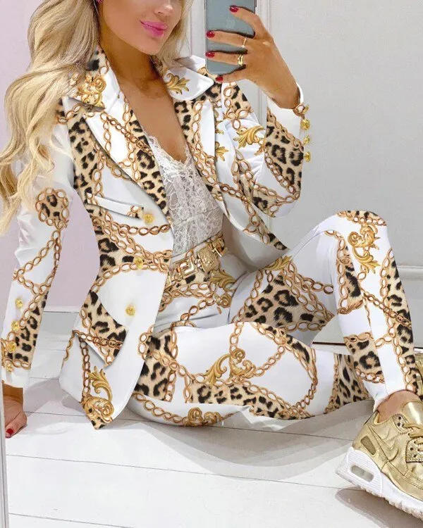2023 Women Formal Jacket & Trousers Office Lady Outfits Autumn Women Two Pieces Set Print Blazer Coat & Pants Suit Sets Female
