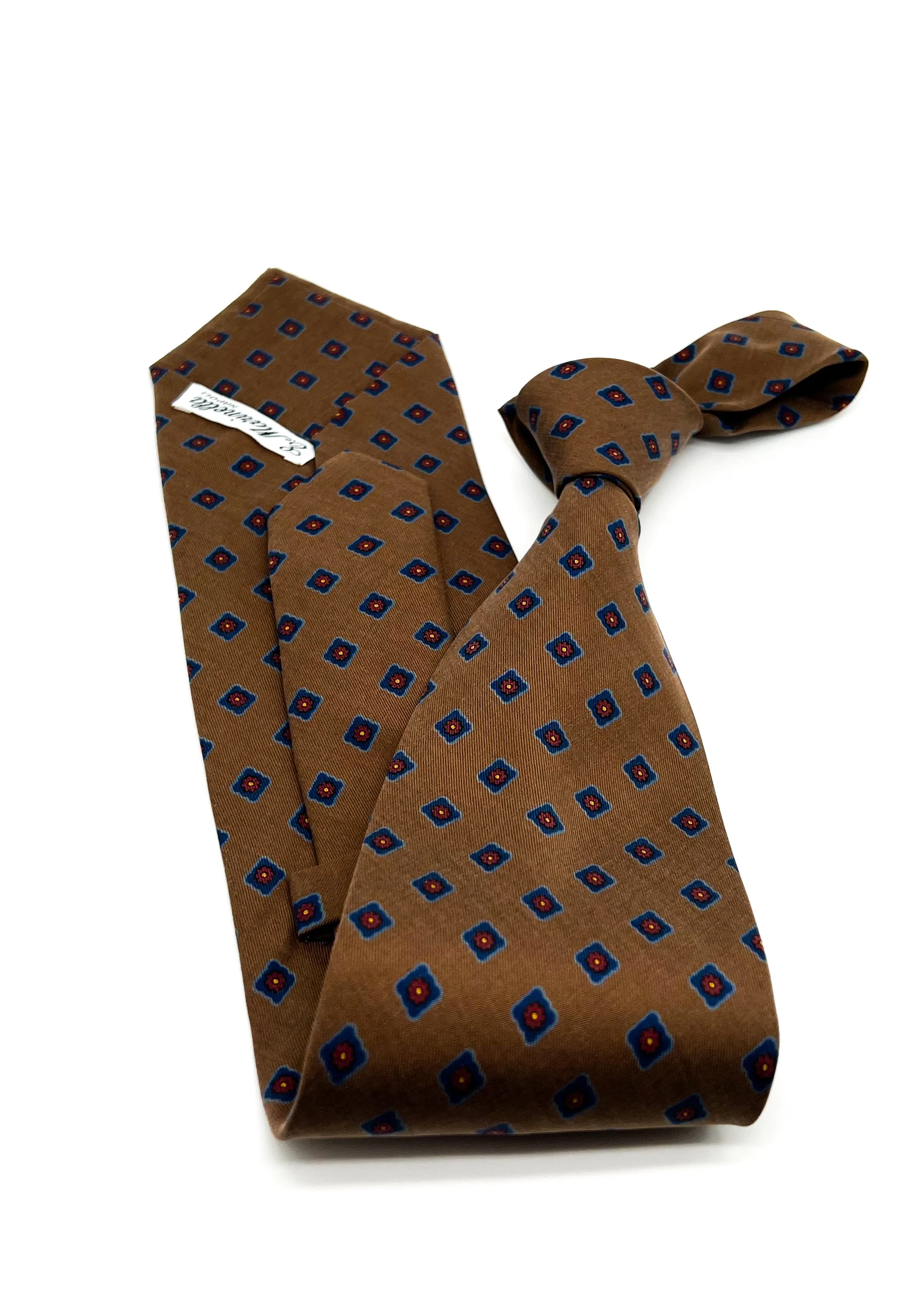 $230 E. MARINELLA - NAPOLI *Hand Made* Foulard Brown / Blue SOFT SILK 3.5" - Tie
