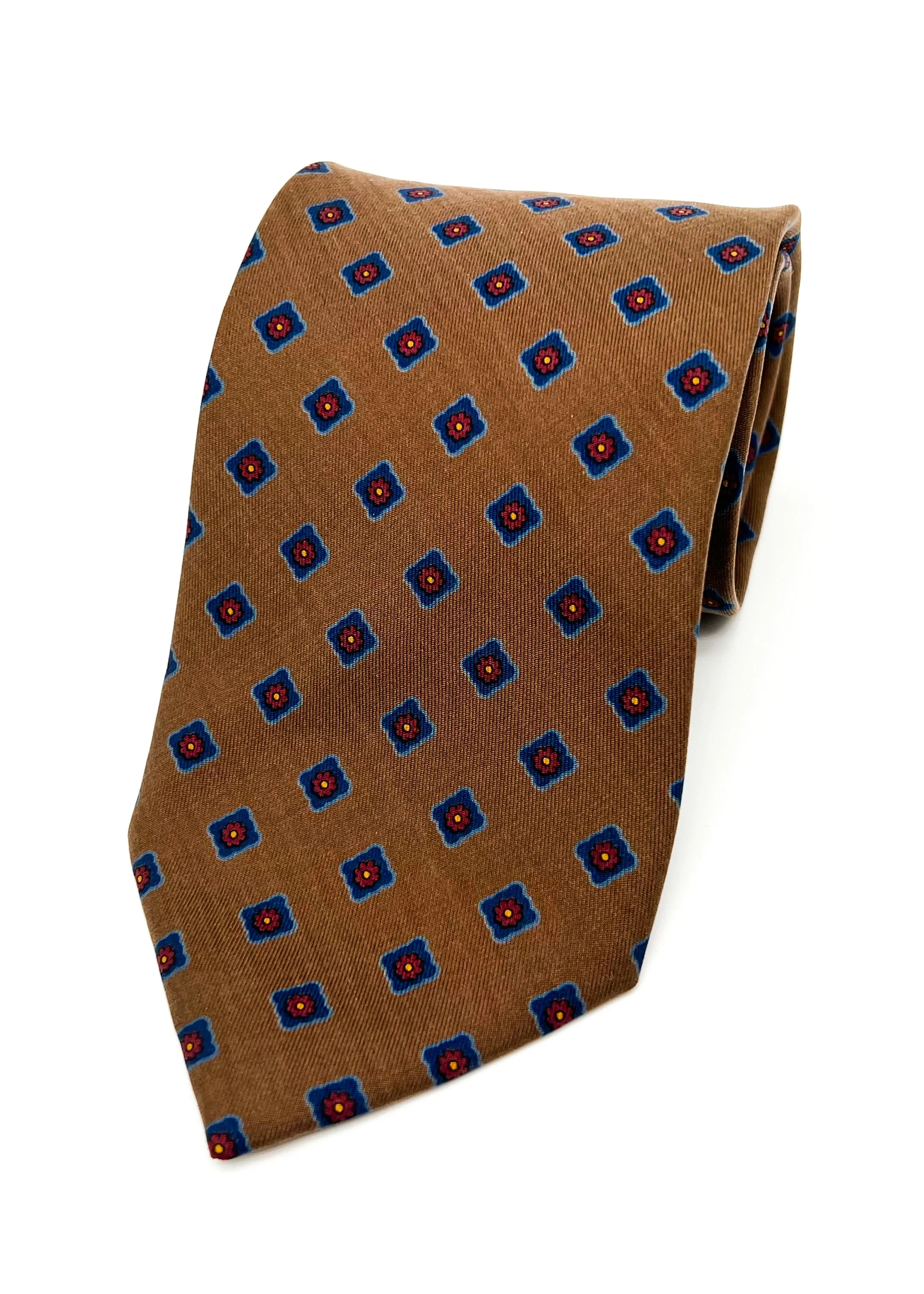 $230 E. MARINELLA - NAPOLI *Hand Made* Foulard Brown / Blue SOFT SILK 3.5" - Tie