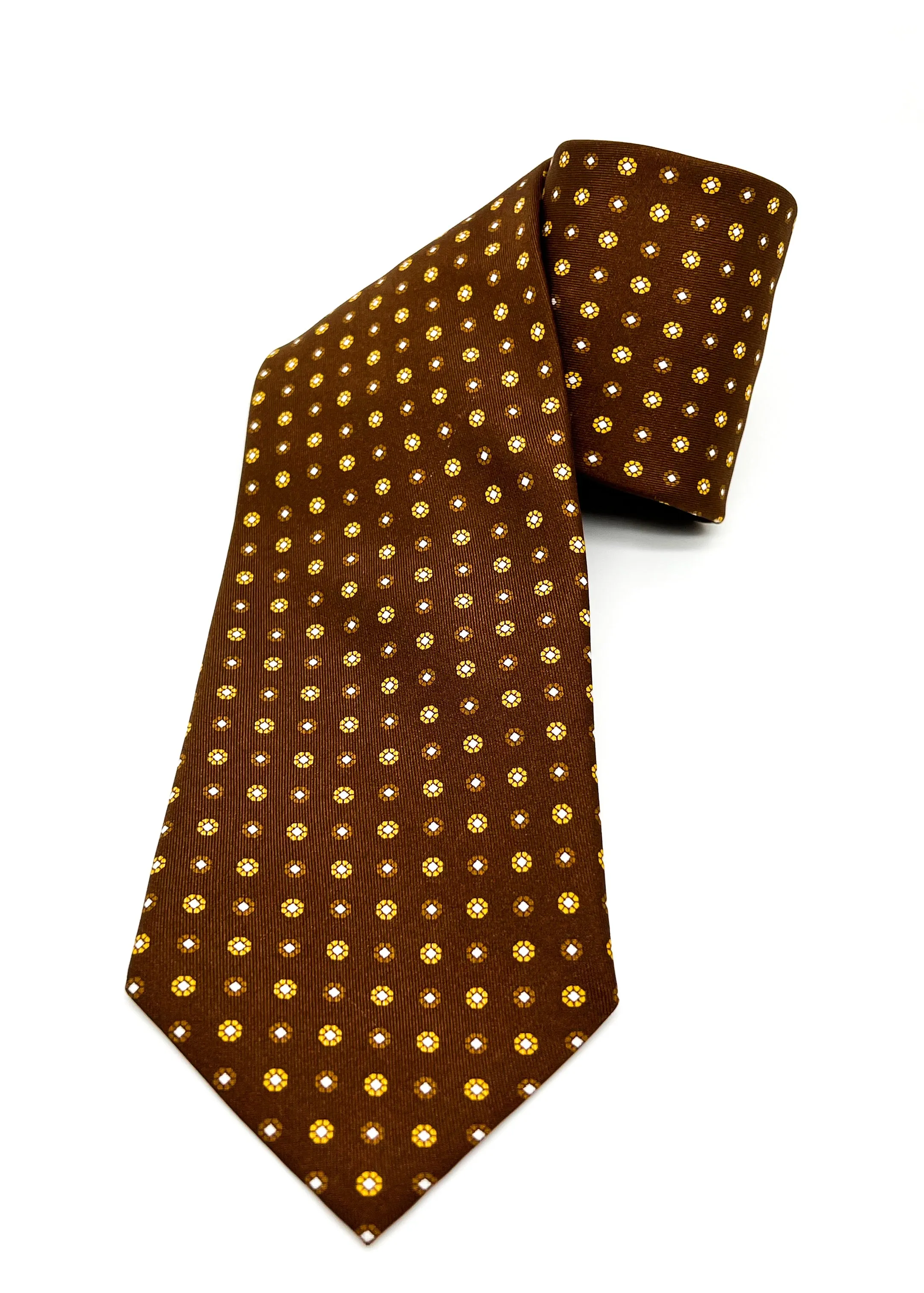 $240 BRIONI - Brown & Yellow Patterned Tie Silk 3.5" - Tie