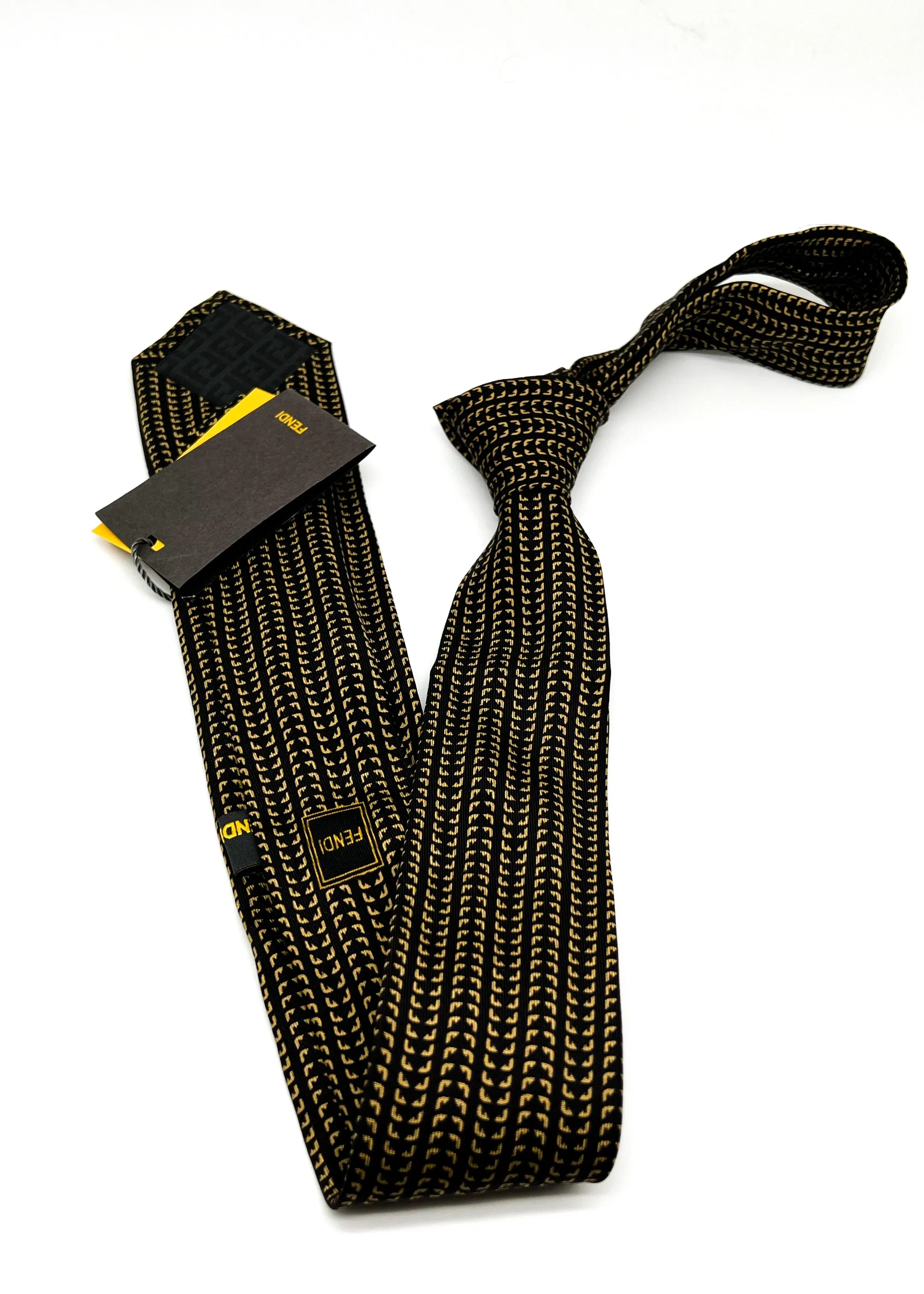 $260 FENDI - Black & Yellow LOGO Eyes 2.25" Silk - Tie