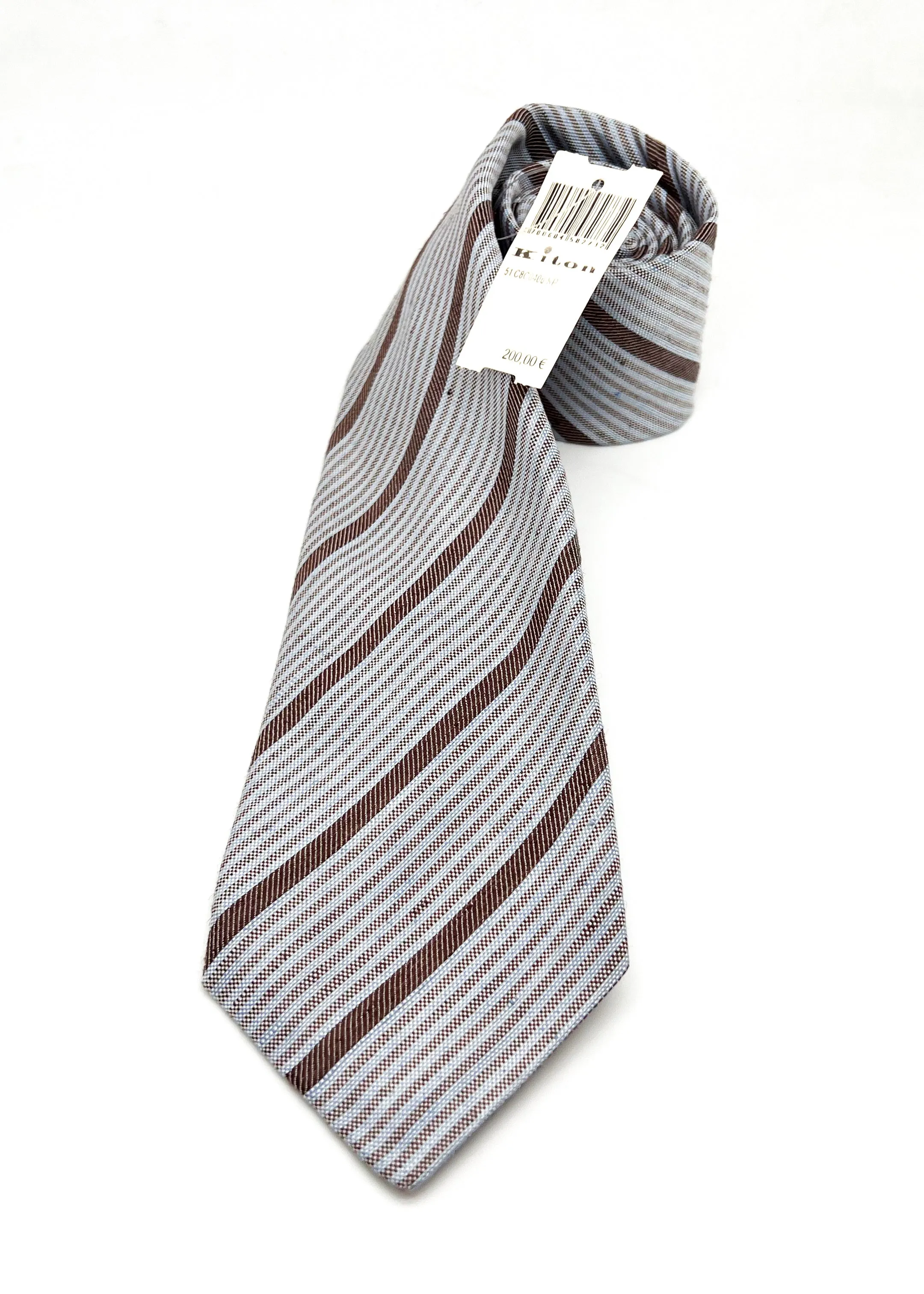 $285 KITON - NAPOLI *LINEN / SILK* Brown & Pastel Blue Alt Stripe 3.25" - Tie